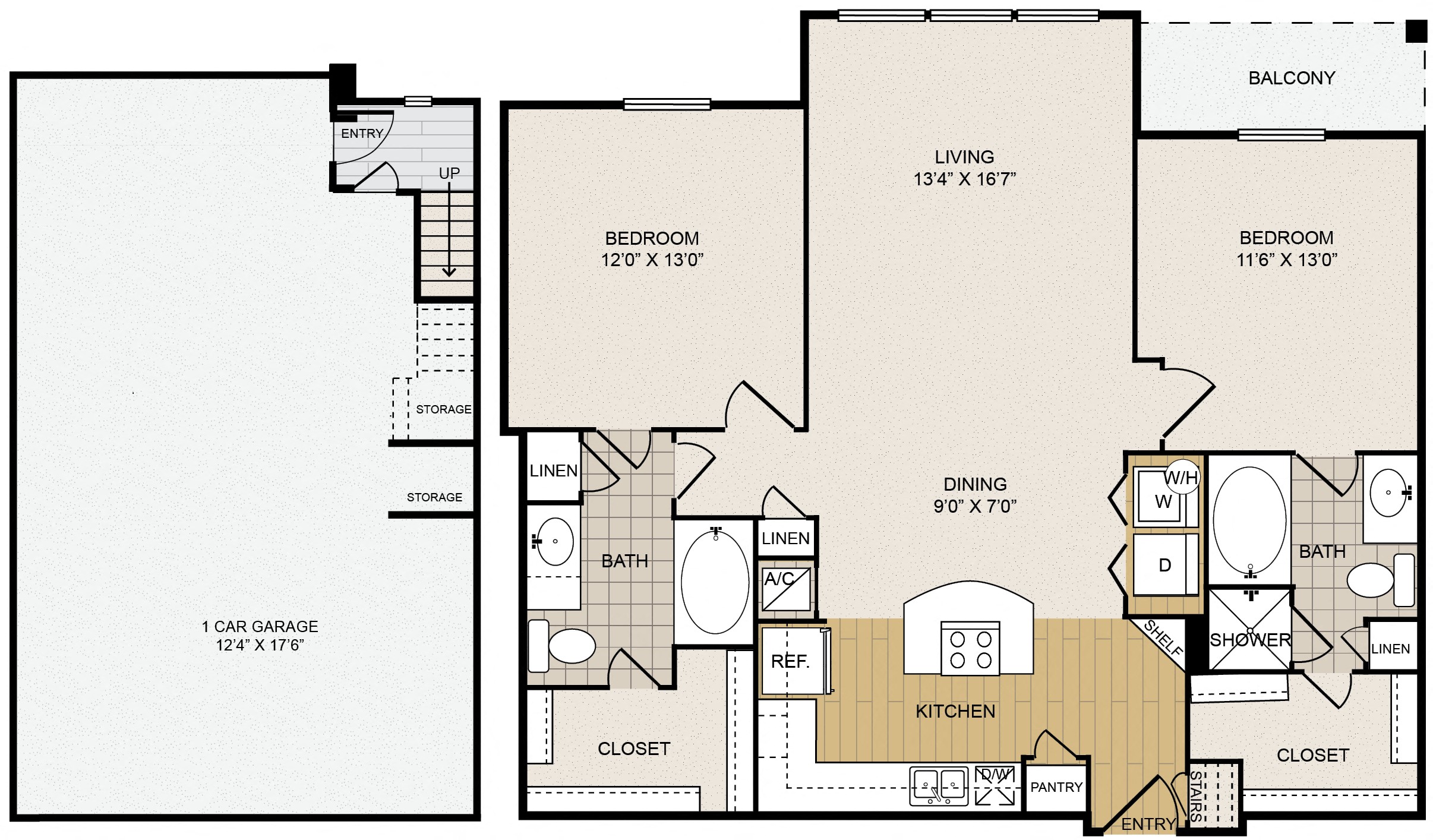 Floor plan for 2 beds, 2 baths, 1097 sqft
